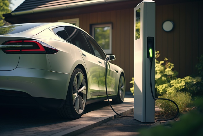 EV charging car on a sunny summer day outside his garage.