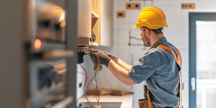 An electrician carefully works on wiring within an open electrical panel